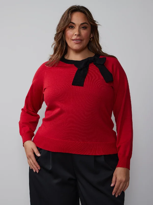 Plus Long Sleeve Contrast Bow Sweater