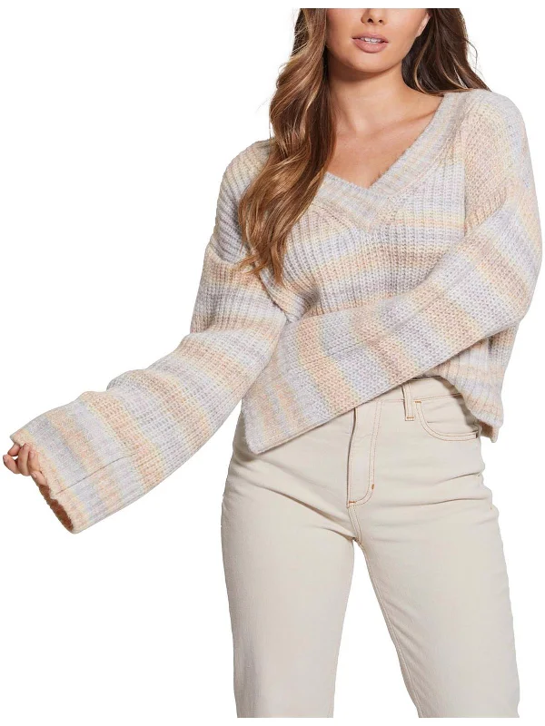 Womens Shaker Knit Striped V-Neck Sweater