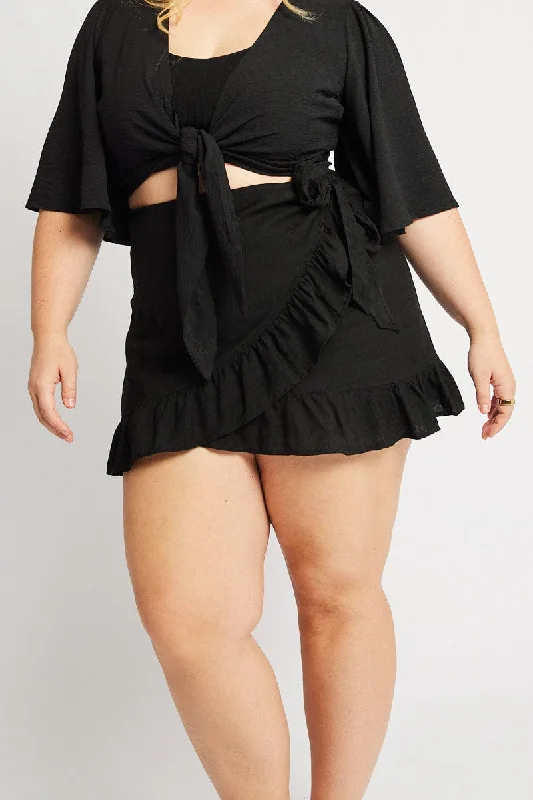 Black Frill Hem Wrap Mini Skirt