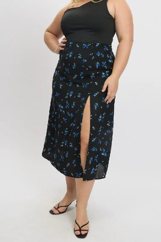 Blue Ditsy Lined Split Skirt