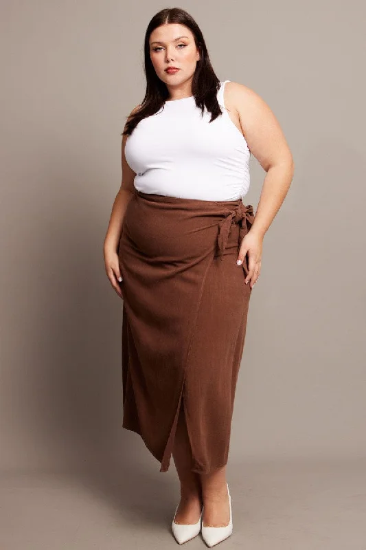 Brown Faux Wrap Linen Blend Midi Skirt