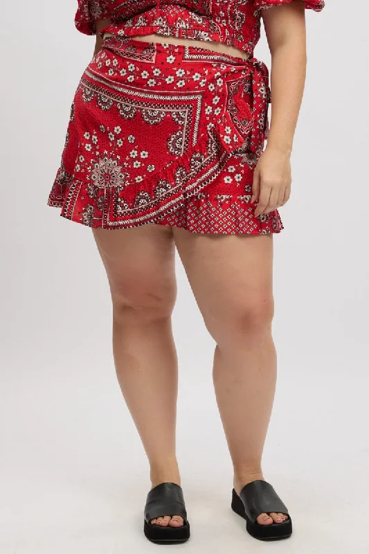 Red Boho Frill Wrap Mini Skirt