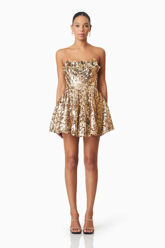 Alisha Strapless Fit & Flare Mini Dress In Gold