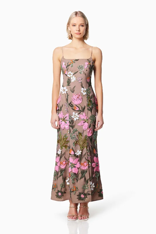 Mesmerize Floral Sequin Maxi Dress In Brown