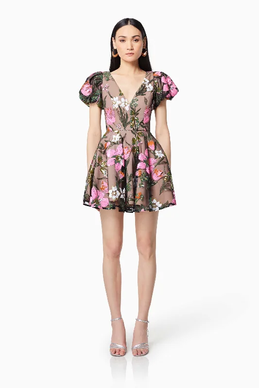 Stellar Floral Sequin Mini Dress In Brown