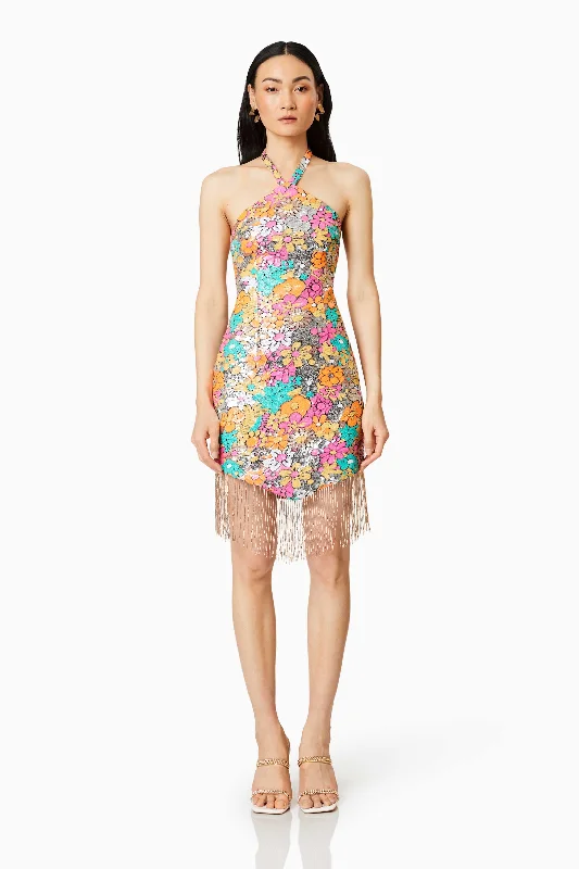 Tahiti Floral Sequin Mini Dress In Multi