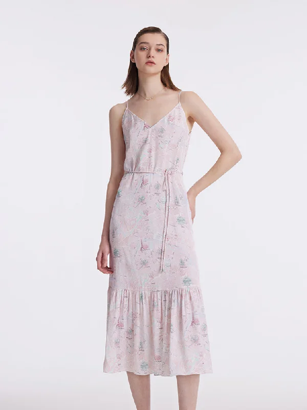 19 Momme Mulberry Silk Map Print Women Midi Dress With Belt