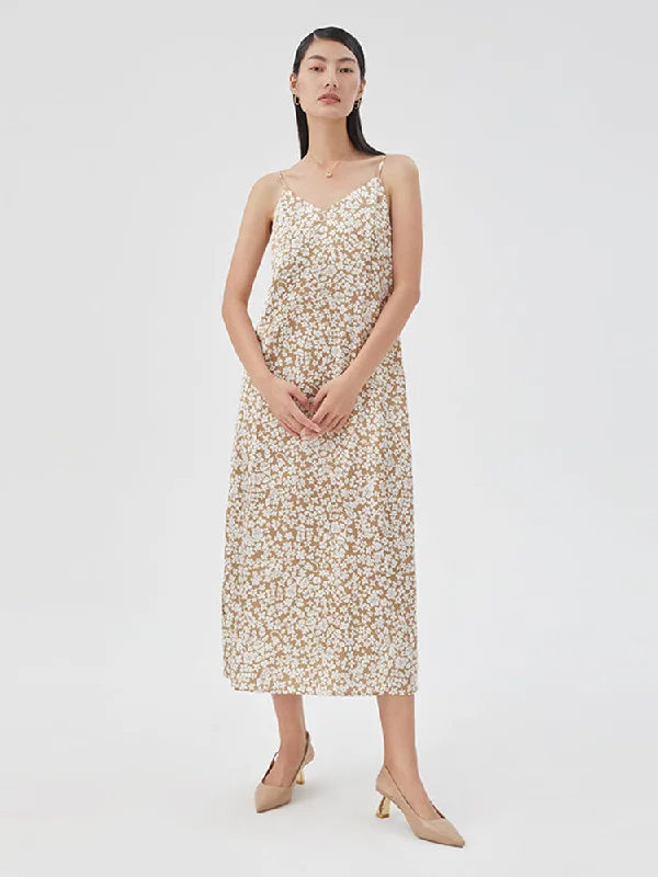 Acetate Floral Printed Spaghetti Strap Maxi Dress