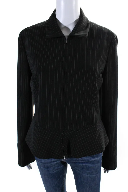 Armani Collezioni Womens Front Zip Collared Pinstriped Jacket Black