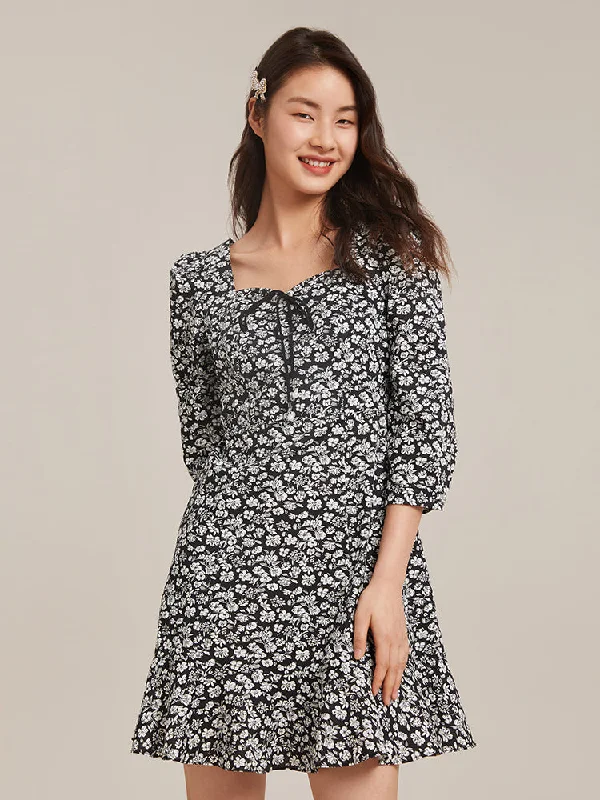 Black Printed Square Neck Mini Dress