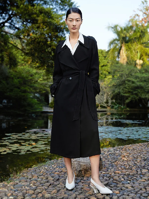 Black Triacetate Mid-Length Trench Coat