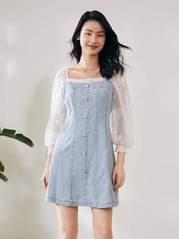 Puff Sleeve Square Neck Denim Mini Dress