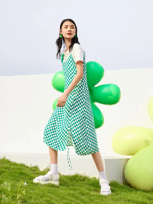 Checkerboard Slip Shirring Dress And T-shirt Two-Piece Set