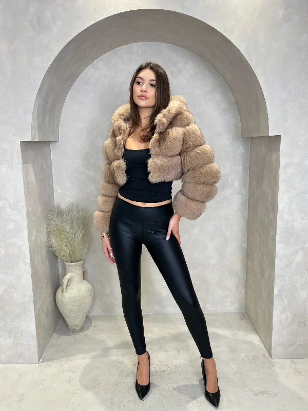 Tan Luxury Fur Hooded Jacket