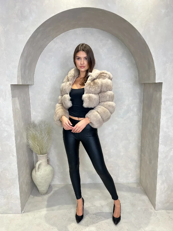 Dark Beige Luxury Fur Hooded Jacket