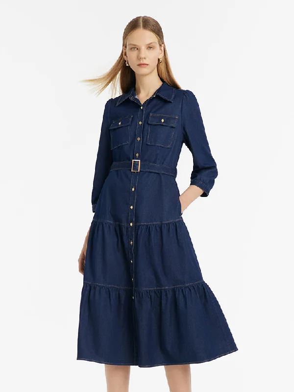 Denim Gathered Waist Women Midi Dress With Belt