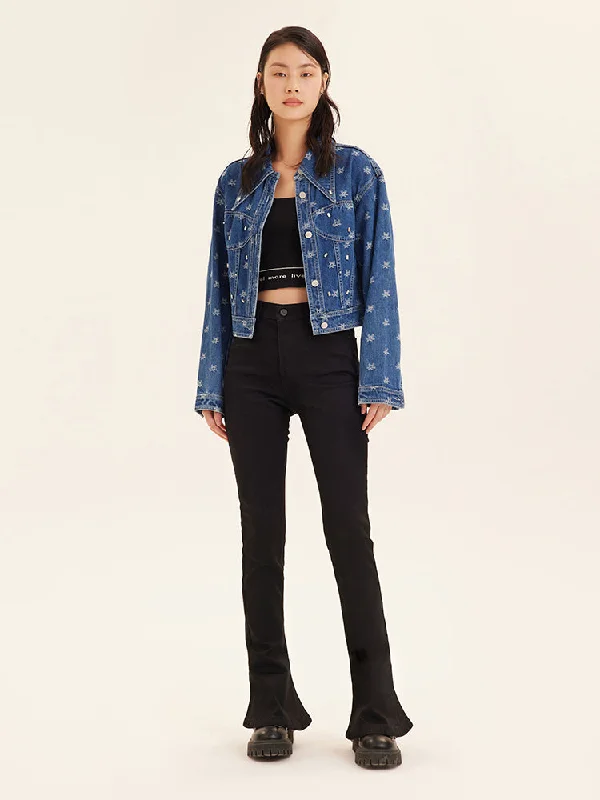 Jacquard Denim Short Women Jacket With Rhinestones