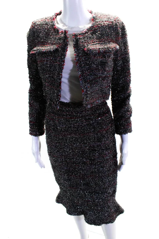 Fotini Women's Metallic Tweed Cropped Jacket Skirt Set Gray/Red