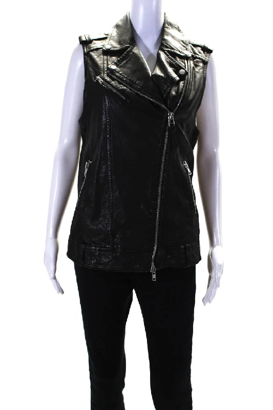 Mackage Womens Asymmetrical Full Zip Leather Moto Vest Black