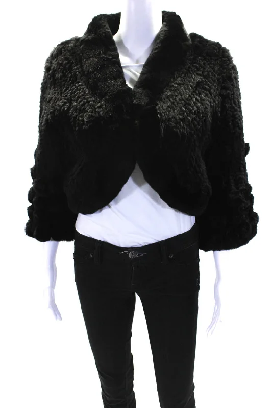 Pologeorgis Womens Rabbit Fur Bolero Shrug Cropped Jacket Black