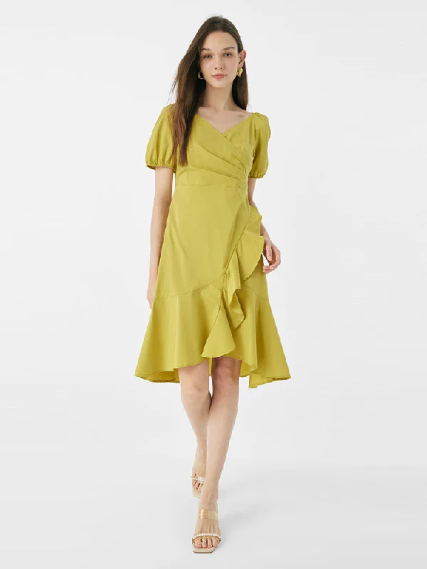 V-Neck Ruffled Cotton Midi Dress