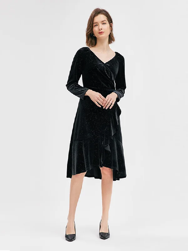 Black V-Neck Ruffled Velvet Midi Dress