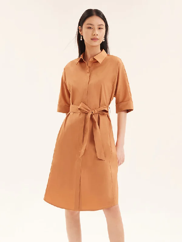 Shirt-Style Cotton Gathered Waist Midi Dress