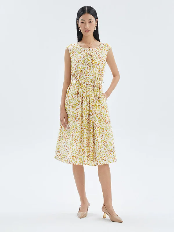 Silk And Cotton Floral Print A-line Midi Dress