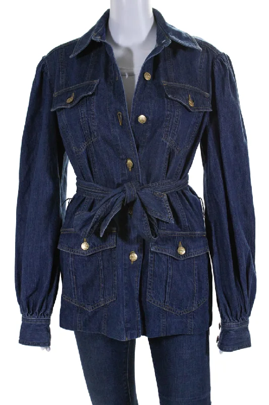 Trina Turk Womens Denim Button Down Belted Odetta Jacket Blue Cotton