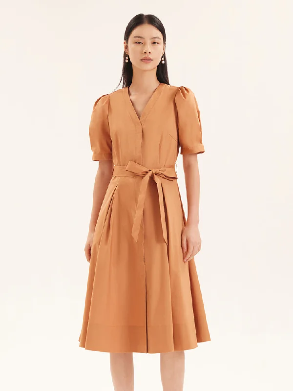 V-Neck Fitted Waist Mid-Calf Maxi Dress