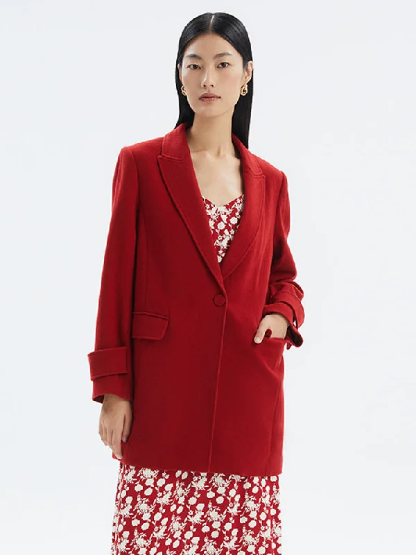 Red Washable Wool One Button Women Blazer