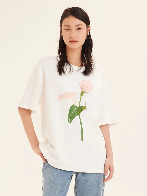 White 3D Floral Embroidery T-Shirt